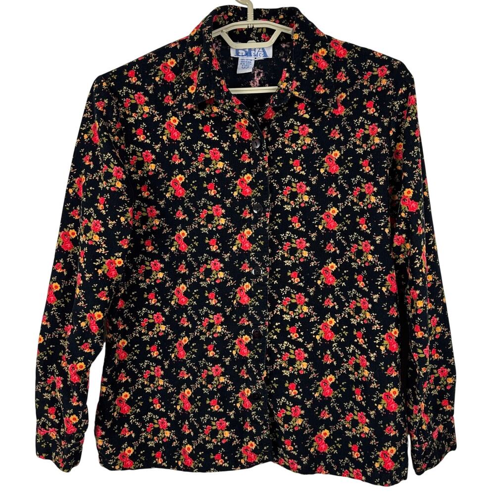 Vintage 90s Floral Corduroy Button Up Shirt Large Cotton black red cottage